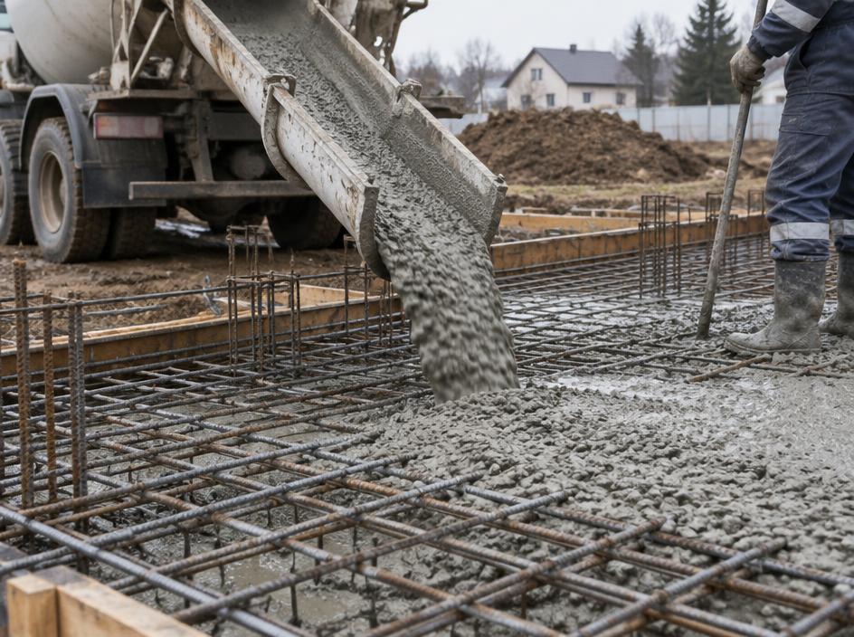 Calha de caminhão-betoneira lançando concreto sobre a malha de aço de uma fundação