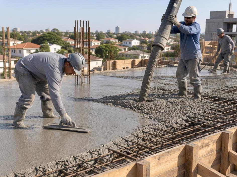 Operários nivelando concreto usinado recém-lançado sobre a armação de uma laje