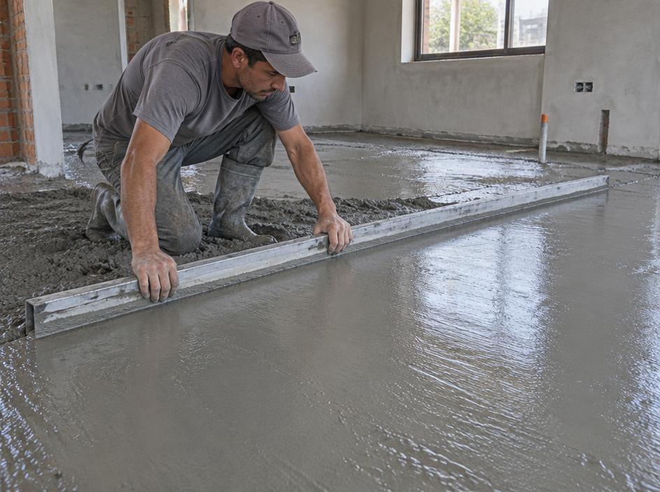 Pedreiro nivelando contrapiso recém-concretado com régua de alumínio